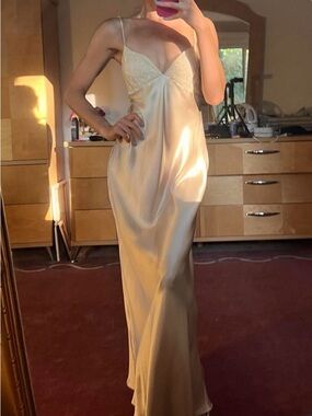 Sarah Spencer Champagne Satin Slip Dress with Lace Trim